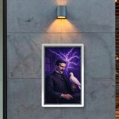 Nikolai Tesla pigeon room with violet electric aura poster 2
