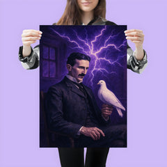 Nikolai Tesla pigeon room with violet electric aura poster 3