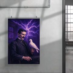 Nikolai Tesla pigeon room with violet electric aura poster 4
