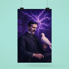 Nikolai Tesla pigeon room with violet electric aura poster 6