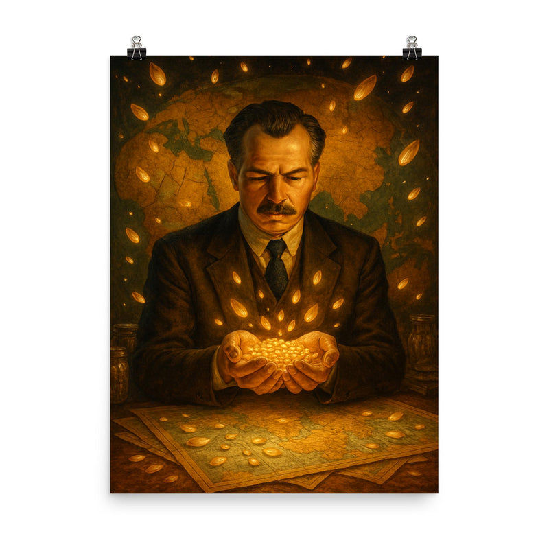 Nikolai Vavilov among glowing seeds and maps poster on a plain backdrop in size 8