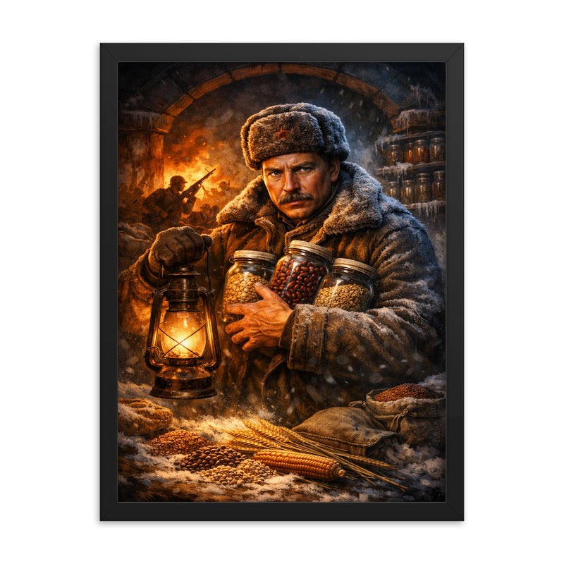 Nikolai Vavilov preserving seeds against famine framed print on a plain backdrop in size 18