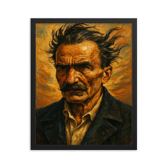 Nikos Kazantzakis windswept portrait framed print on a plain backdrop in size 16"x20".