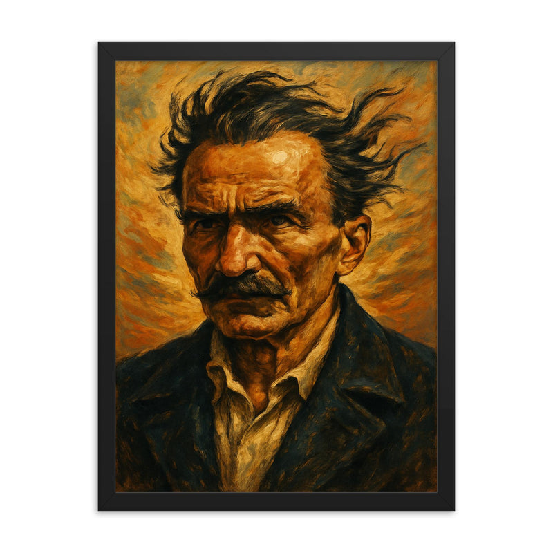 Nikos Kazantzakis windswept portrait framed print on a plain backdrop in size 18