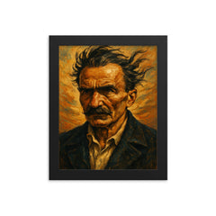 Nikos Kazantzakis windswept portrait framed print on a plain backdrop in size 8"x10".