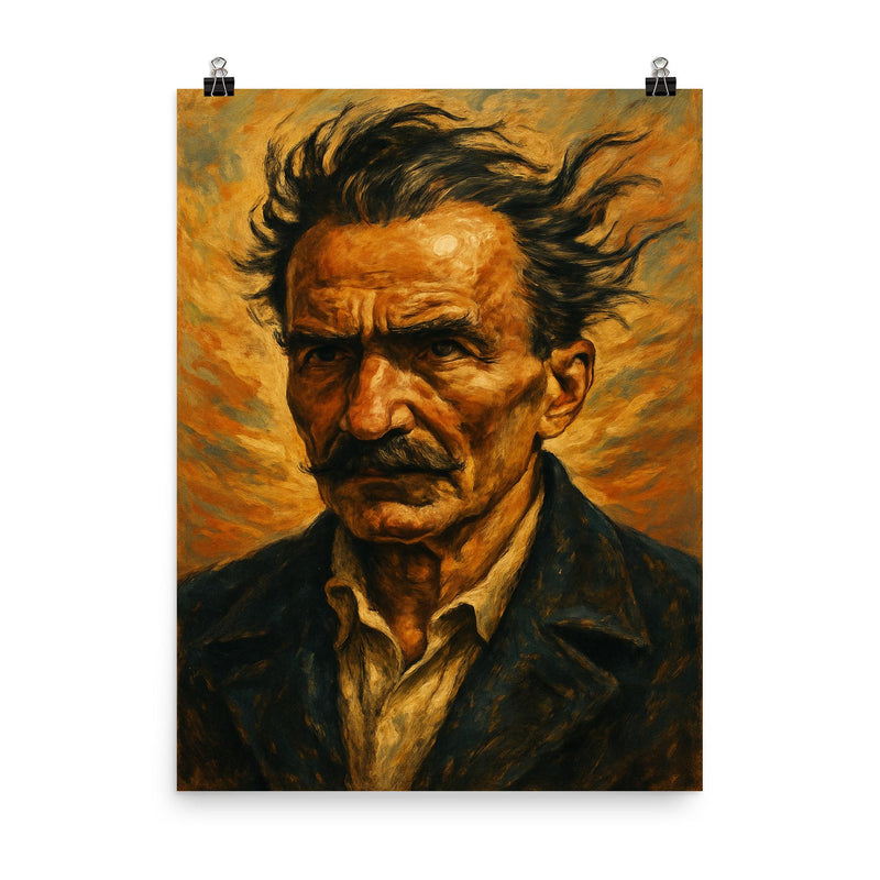 Nikos Kazantzakis windswept portrait poster on a plain backdrop in size 8