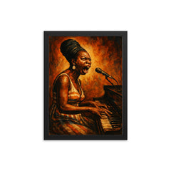 Nina Simone at piano in righteous fury framed print on a plain backdrop in size 12"x16".