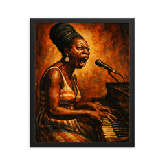 Nina Simone at piano in righteous fury framed print on a plain backdrop in size 16"x20".