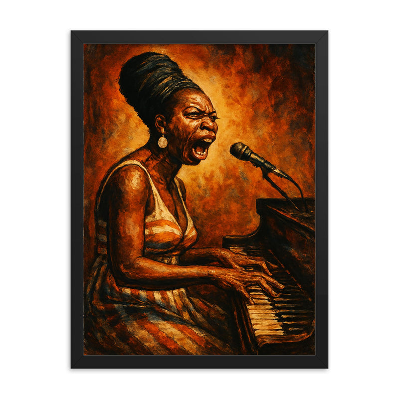 Nina Simone at piano in righteous fury framed print on a plain backdrop in size 18