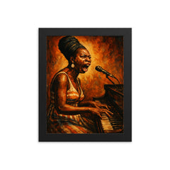 Nina Simone at piano in righteous fury framed print on a plain backdrop in size 8"x10".