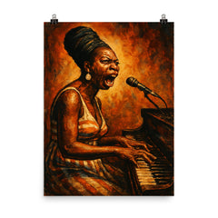 Nina Simone at piano in righteous fury poster on a plain backdrop in size 8"x10".