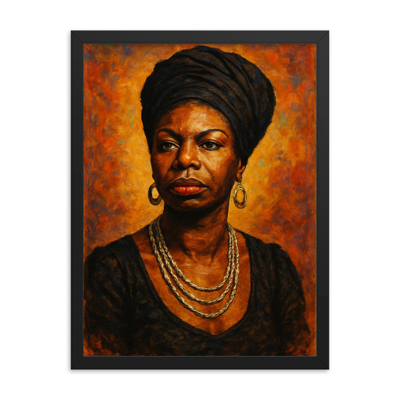 Nina Simone framed print on a plain backdrop in size 18