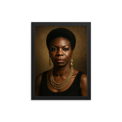 Nina Simone portrait framed print on a plain backdrop in size 12"x16".