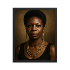 Nina Simone portrait framed print on a plain backdrop in size 16"x20".