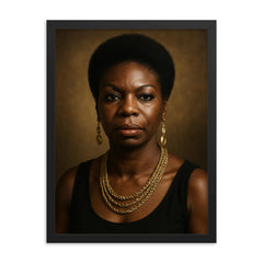 Nina Simone portrait framed print on a plain backdrop in size 18"x24".