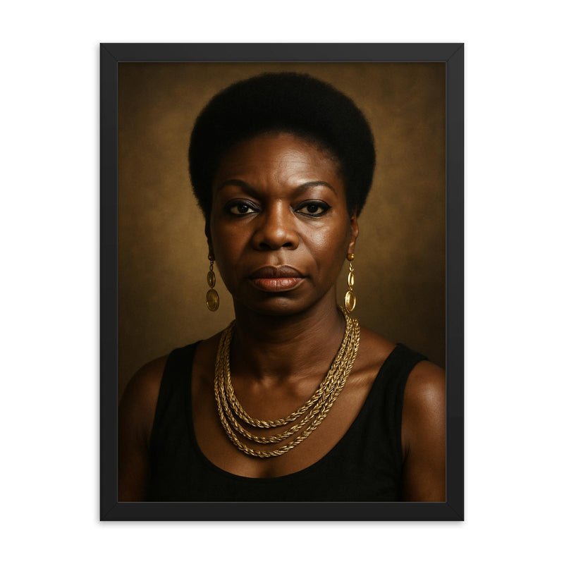 Nina Simone portrait framed print on a plain backdrop in size 18