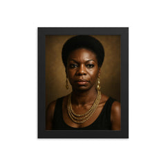 Nina Simone portrait framed print on a plain backdrop in size 8"x10".