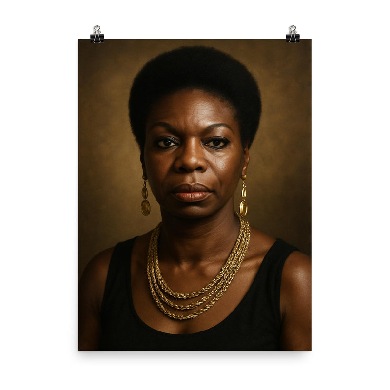 Nina Simone portrait poster on a plain backdrop in size 8