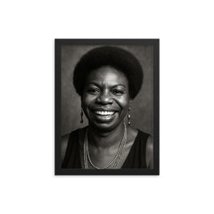 Nina Simone smiling, black and white portrait framed print on a plain backdrop in size 12"x16".