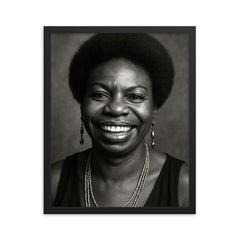 Nina Simone smiling, black and white portrait framed print on a plain backdrop in size 16"x20".