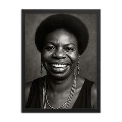 Nina Simone smiling, black and white portrait framed print on a plain backdrop in size 18"x24".
