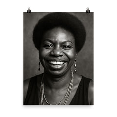 Nina Simone smiling, black and white portrait poster on a plain backdrop in size 8"x10".