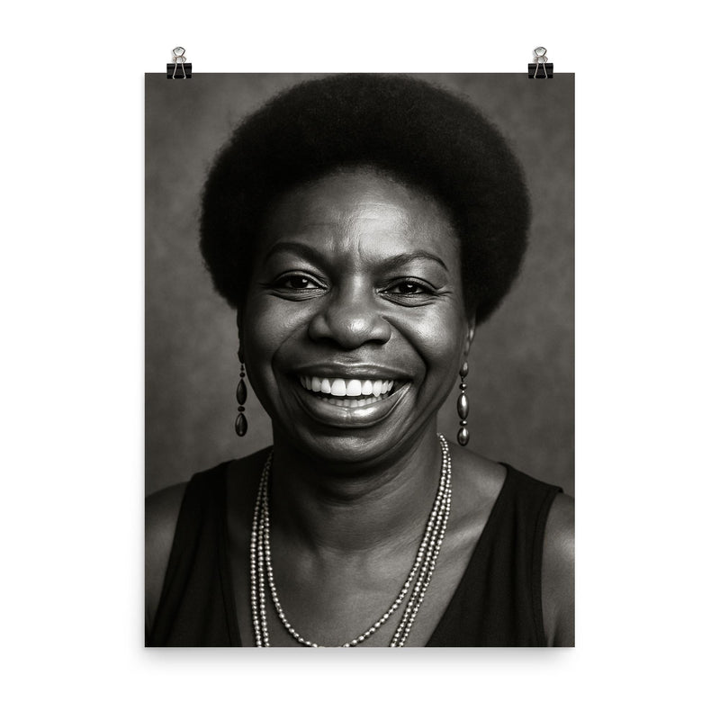 Nina Simone smiling, black and white portrait poster on a plain backdrop in size 8