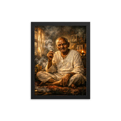 Nisargadatta Maharaj in smoky Bombay room framed print on a plain backdrop in size 12"x16".