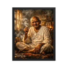 Nisargadatta Maharaj in smoky Bombay room framed print on a plain backdrop in size 16"x20".