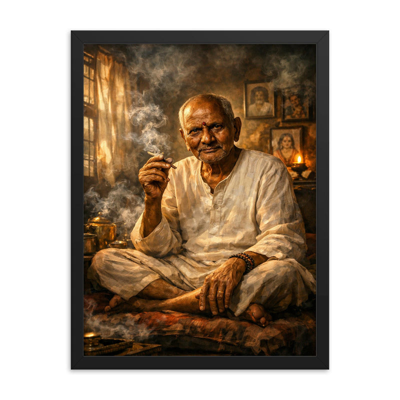 Nisargadatta Maharaj in smoky Bombay room framed print on a plain backdrop in size 18