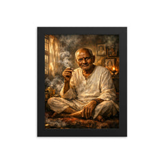 Nisargadatta Maharaj in smoky Bombay room framed print on a plain backdrop in size 8"x10".