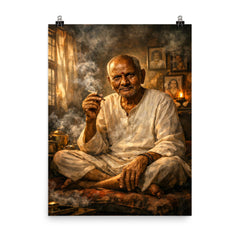 Nisargadatta Maharaj in smoky Bombay room poster on a plain backdrop in size 8"x10".