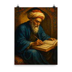 Nizam al Mulk writing the Book of Government poster on a plain backdrop in size 8"x10".