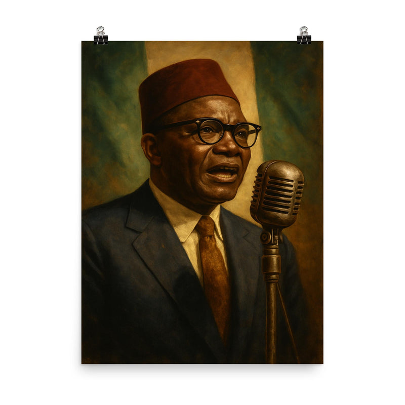 Nnamdi Azikiwe broadcasting independence speech through vintage microphone poster on a plain backdrop in size 8