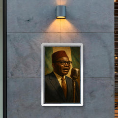 Nnamdi Azikiwe broadcasting independence speech through vintage microphone poster 2
