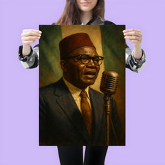 Nnamdi Azikiwe broadcasting independence speech through vintage microphone poster 3