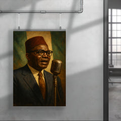 Nnamdi Azikiwe broadcasting independence speech through vintage microphone poster 4