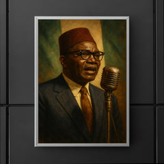 Nnamdi Azikiwe broadcasting independence speech through vintage microphone poster 5