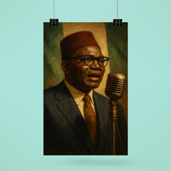 Nnamdi Azikiwe broadcasting independence speech through vintage microphone poster 6