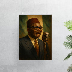Nnamdi Azikiwe broadcasting independence speech through vintage microphone poster 7
