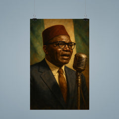 Nnamdi Azikiwe broadcasting independence speech through vintage microphone poster 9