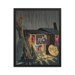 Noodle Restaurant on a Rainy Night by Tokuriki Tomikichiro framed print on a plain backdrop in size 16"x20".