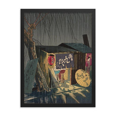 Noodle Restaurant on a Rainy Night by Tokuriki Tomikichiro framed print on a plain backdrop in size 18"x24".