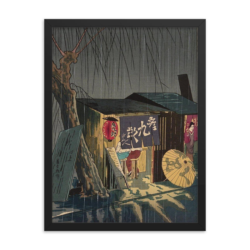 Noodle Restaurant on a Rainy Night by Tokuriki Tomikichiro framed print on a plain backdrop in size 18