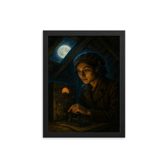 Noor Inayat Khan clandestine radio under moonlit attic framed print on a plain backdrop in size 12"x16".