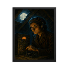 Noor Inayat Khan clandestine radio under moonlit attic framed print on a plain backdrop in size 16"x20".