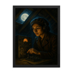 Noor Inayat Khan clandestine radio under moonlit attic framed print on a plain backdrop in size 18"x24".