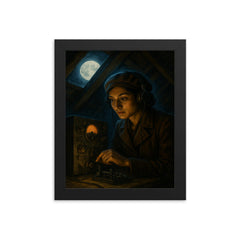 Noor Inayat Khan clandestine radio under moonlit attic framed print on a plain backdrop in size 8"x10".