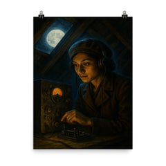 Noor Inayat Khan clandestine radio under moonlit attic poster on a plain backdrop in size 8"x10".