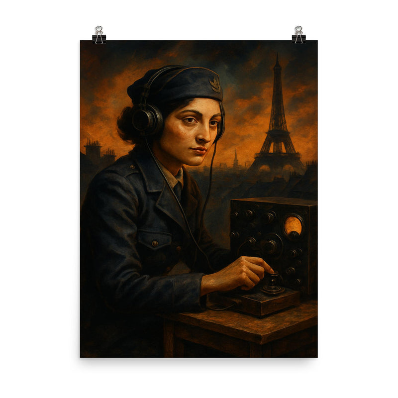 Noor Inayat Khan coded transmission in occupied Paris poster on a plain backdrop in size 8